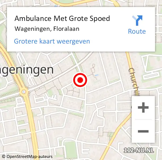 Locatie op kaart van de 112 melding: Ambulance Met Grote Spoed Naar Wageningen, Floralaan op 19 december 2022 18:29