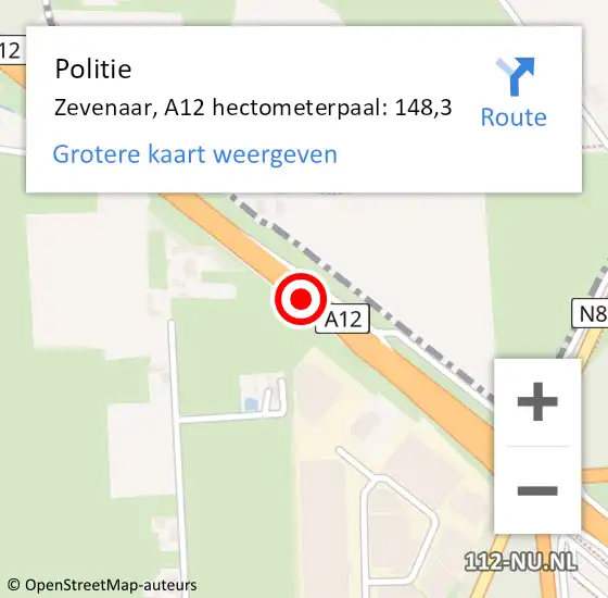 Locatie op kaart van de 112 melding: Politie Zevenaar, A12 hectometerpaal: 148,3 op 19 december 2022 22:12