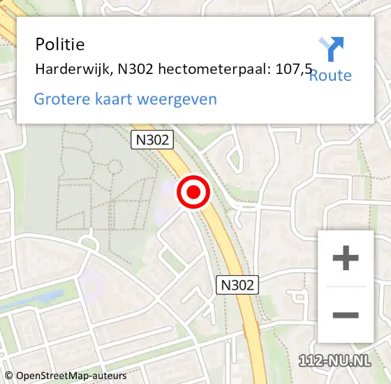 Locatie op kaart van de 112 melding: Politie Harderwijk, N302 hectometerpaal: 107,5 op 19 december 2022 23:24