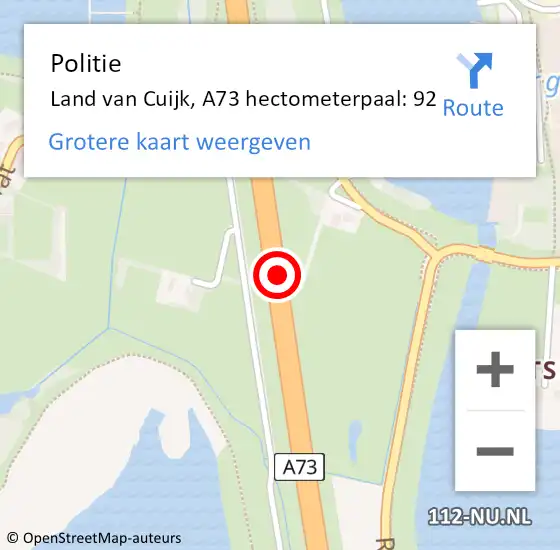 Locatie op kaart van de 112 melding: Politie Land van Cuijk, A73 hectometerpaal: 92 op 20 december 2022 07:21