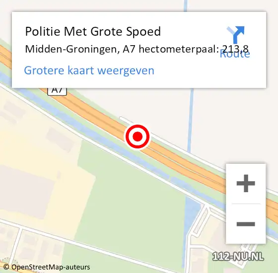 Locatie op kaart van de 112 melding: Politie Met Grote Spoed Naar Midden-Groningen, A7 hectometerpaal: 213,8 op 20 december 2022 07:51