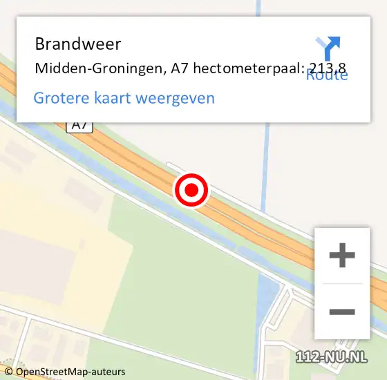 Locatie op kaart van de 112 melding: Brandweer Midden-Groningen, A7 hectometerpaal: 213,8 op 20 december 2022 07:53