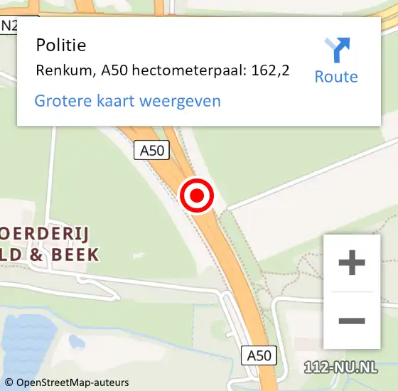 Locatie op kaart van de 112 melding: Politie Renkum, A50 hectometerpaal: 162,2 op 20 december 2022 07:59