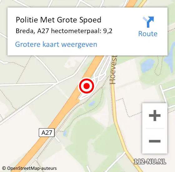 Locatie op kaart van de 112 melding: Politie Met Grote Spoed Naar Breda, A27 hectometerpaal: 9,2 op 20 december 2022 08:40