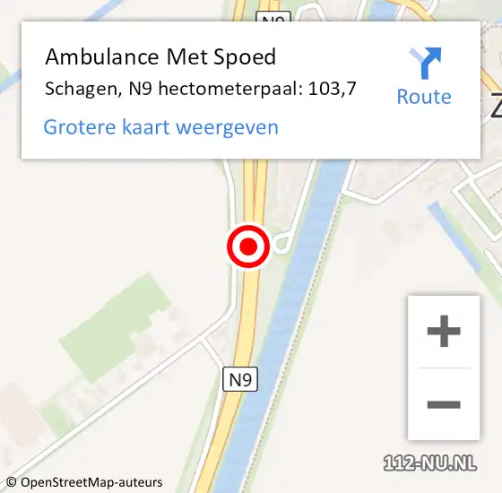 Locatie op kaart van de 112 melding: Ambulance Met Spoed Naar Schagen, N9 hectometerpaal: 103,7 op 20 december 2022 09:30