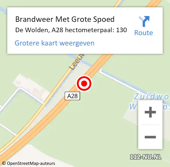 Locatie op kaart van de 112 melding: Brandweer Met Grote Spoed Naar De Wolden, A28 hectometerpaal: 130 op 20 december 2022 10:42