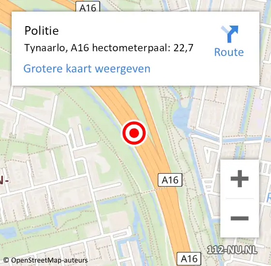 Locatie op kaart van de 112 melding: Politie Krimpen aan den IJssel, A16 hectometerpaal: 22,7 op 20 december 2022 10:45