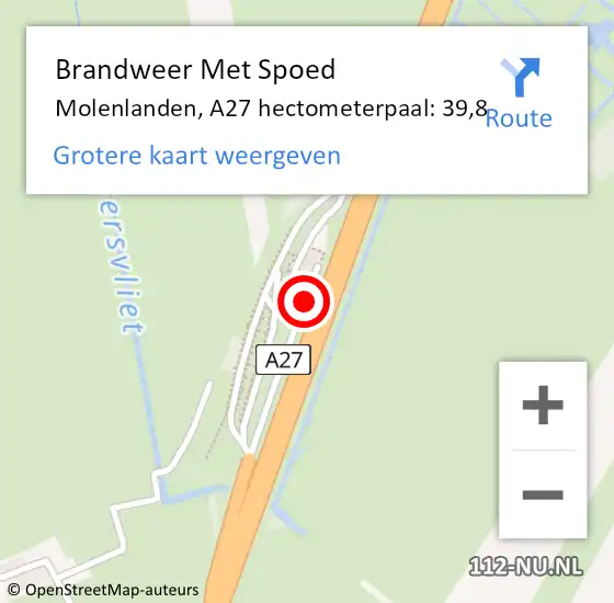 Locatie op kaart van de 112 melding: Brandweer Met Spoed Naar Molenlanden, A27 hectometerpaal: 39,8 op 20 december 2022 10:46