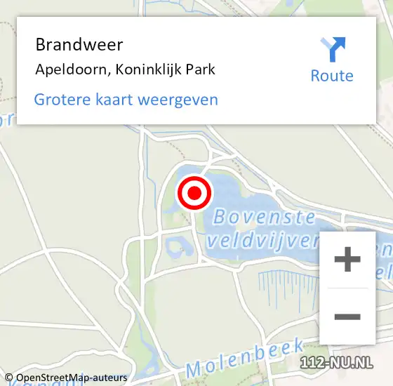 Locatie op kaart van de 112 melding: Brandweer Apeldoorn, Koninklijk Park op 20 december 2022 10:54