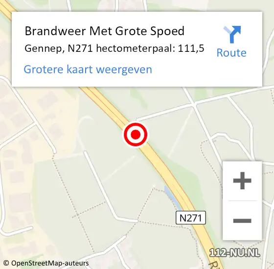 Locatie op kaart van de 112 melding: Brandweer Met Grote Spoed Naar Gennep, N271 hectometerpaal: 111,5 op 20 december 2022 12:51