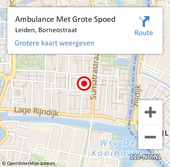 Locatie op kaart van de 112 melding: Ambulance Met Grote Spoed Naar Leiden, Borneostraat op 20 december 2022 15:07