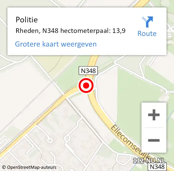 Locatie op kaart van de 112 melding: Politie Rheden, N348 hectometerpaal: 13,9 op 20 december 2022 15:19