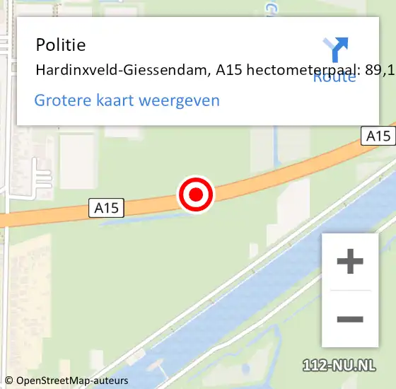 Locatie op kaart van de 112 melding: Politie Hardinxveld-Giessendam, A15 hectometerpaal: 89,1 op 20 december 2022 16:32