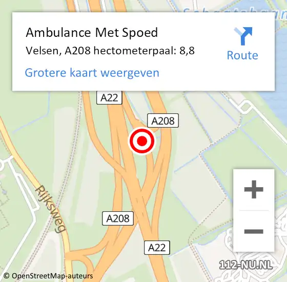 Locatie op kaart van de 112 melding: Ambulance Met Spoed Naar Velsen, A208 hectometerpaal: 8,8 op 20 december 2022 16:33