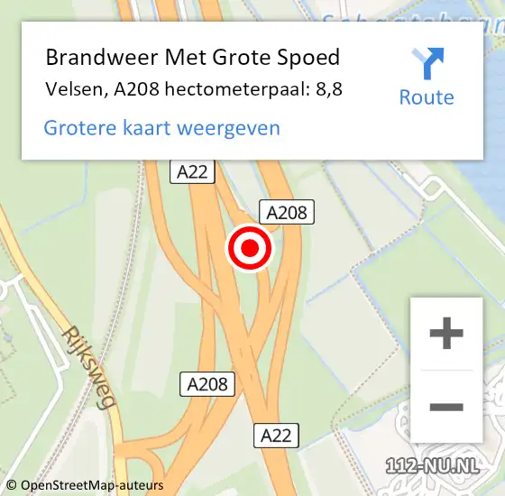 Locatie op kaart van de 112 melding: Brandweer Met Grote Spoed Naar Velsen, A208 hectometerpaal: 8,8 op 20 december 2022 16:34