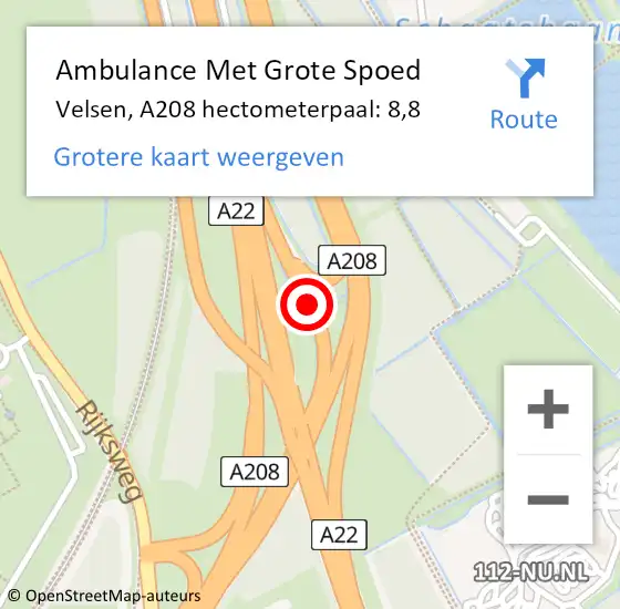 Locatie op kaart van de 112 melding: Ambulance Met Grote Spoed Naar Velsen, A208 hectometerpaal: 8,8 op 20 december 2022 16:35