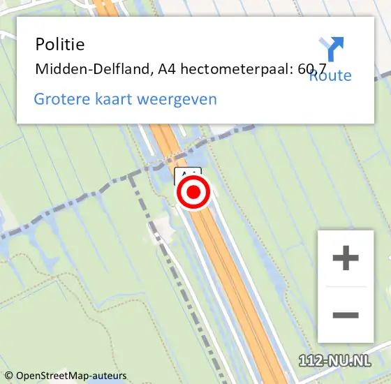 Locatie op kaart van de 112 melding: Politie Midden-Delfland, A4 hectometerpaal: 60,7 op 20 december 2022 16:42