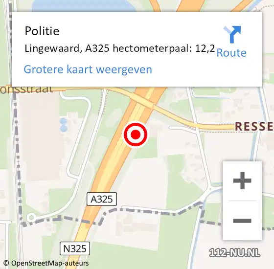 Locatie op kaart van de 112 melding: Politie Lingewaard, A325 hectometerpaal: 12,2 op 20 december 2022 17:12