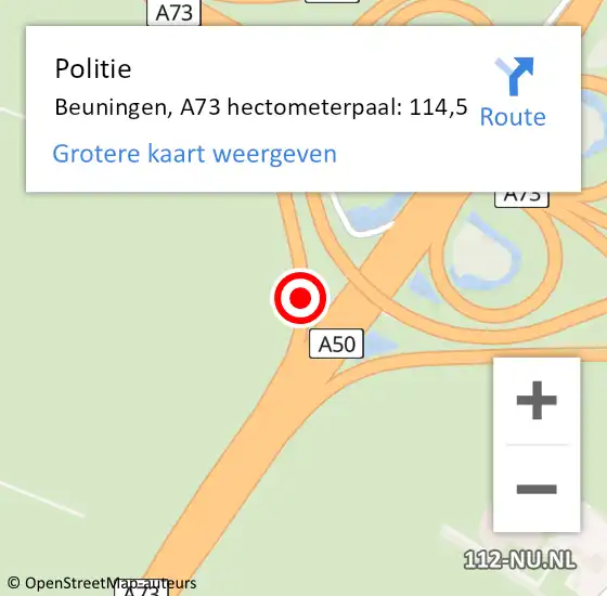 Locatie op kaart van de 112 melding: Politie Beuningen, A73 hectometerpaal: 114,5 op 20 december 2022 17:21