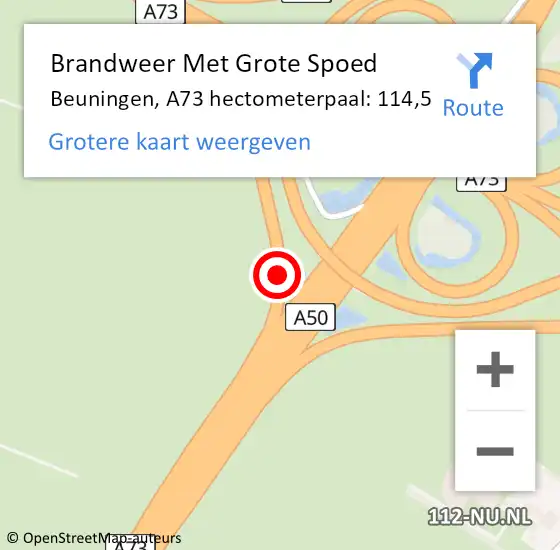 Locatie op kaart van de 112 melding: Brandweer Met Grote Spoed Naar Beuningen, A73 hectometerpaal: 114,5 op 20 december 2022 17:21