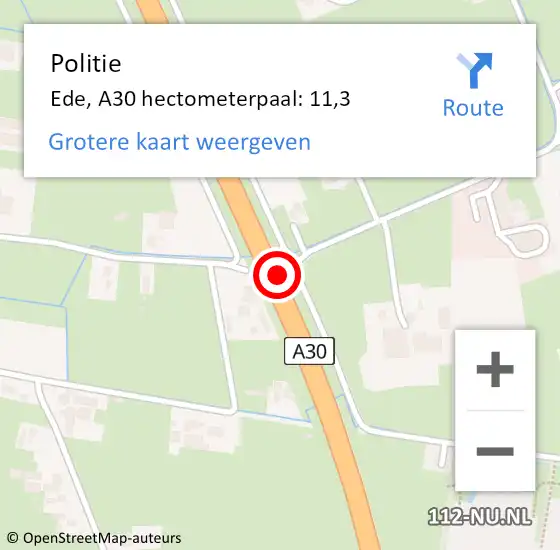 Locatie op kaart van de 112 melding: Politie Ede, A30 hectometerpaal: 11,3 op 20 december 2022 17:33