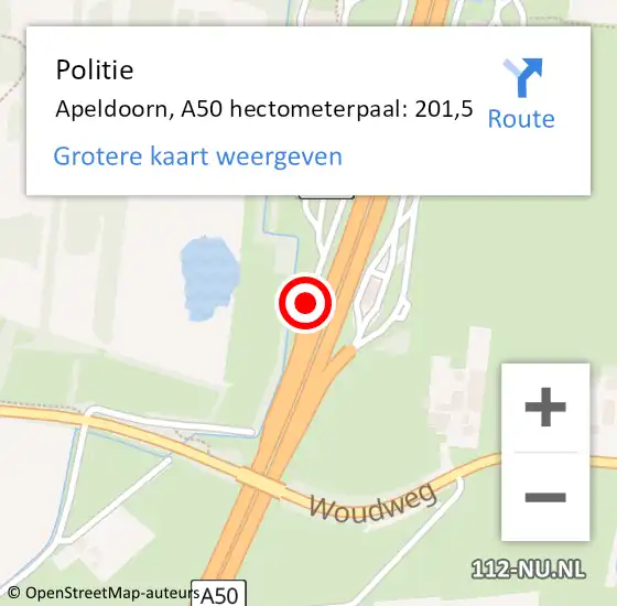 Locatie op kaart van de 112 melding: Politie Apeldoorn, A50 hectometerpaal: 201,5 op 20 december 2022 17:43