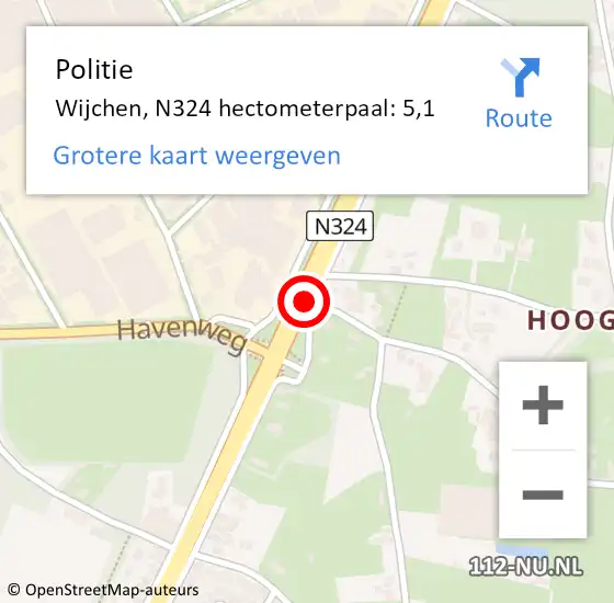 Locatie op kaart van de 112 melding: Politie Wijchen, N324 hectometerpaal: 5,1 op 20 december 2022 17:46