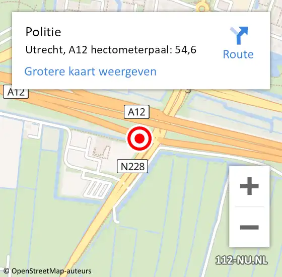 Locatie op kaart van de 112 melding: Politie Utrecht, A12 hectometerpaal: 54,6 op 20 december 2022 18:40