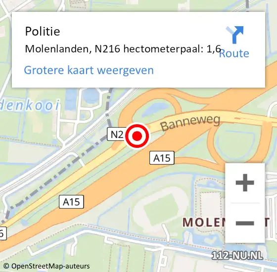 Locatie op kaart van de 112 melding: Politie Molenlanden, N216 hectometerpaal: 1,6 op 20 december 2022 18:47