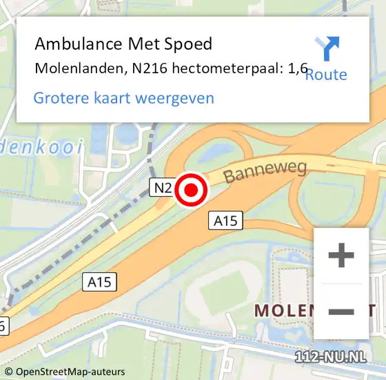 Locatie op kaart van de 112 melding: Ambulance Met Spoed Naar Molenlanden, N216 hectometerpaal: 1,6 op 20 december 2022 18:47