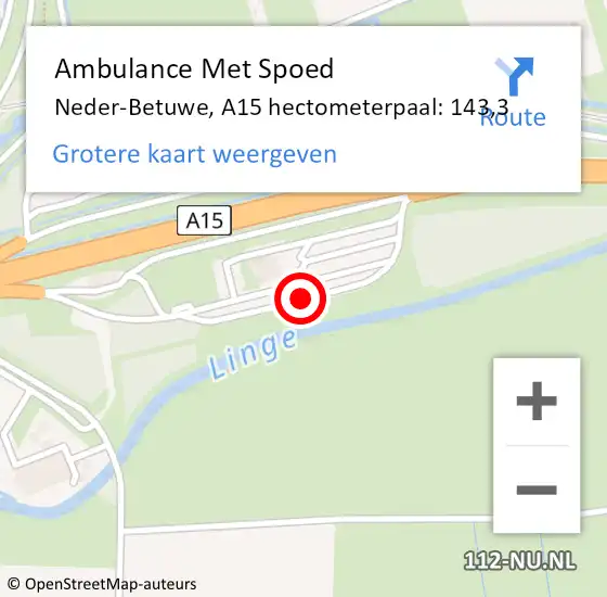 Locatie op kaart van de 112 melding: Ambulance Met Spoed Naar Neder-Betuwe, A15 hectometerpaal: 143,3 op 20 december 2022 21:21