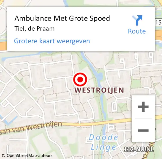 Locatie op kaart van de 112 melding: Ambulance Met Grote Spoed Naar Tiel, de Praam op 21 december 2022 01:09