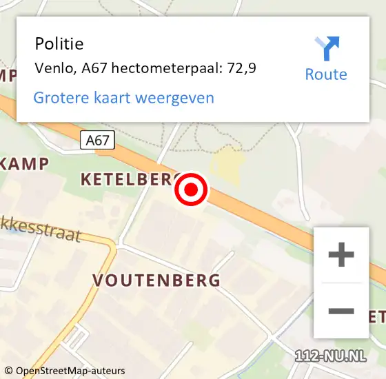 Locatie op kaart van de 112 melding: Politie Venlo, A67 hectometerpaal: 72,9 op 21 december 2022 05:33