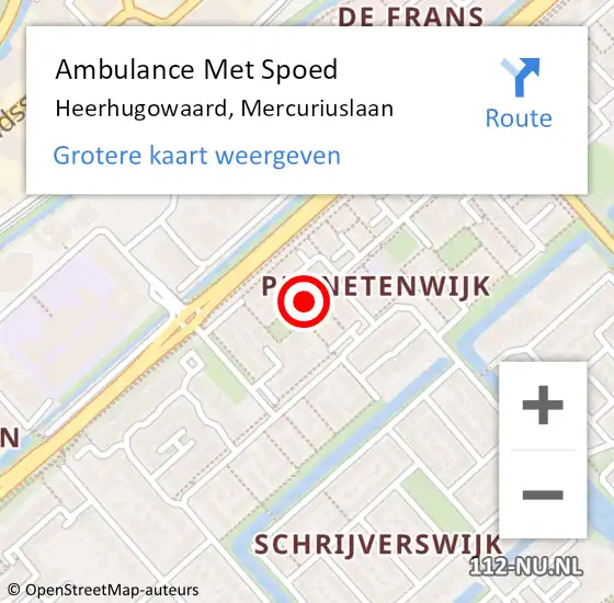 Locatie op kaart van de 112 melding: Ambulance Met Spoed Naar Heerhugowaard, Mercuriuslaan op 21 december 2022 06:44