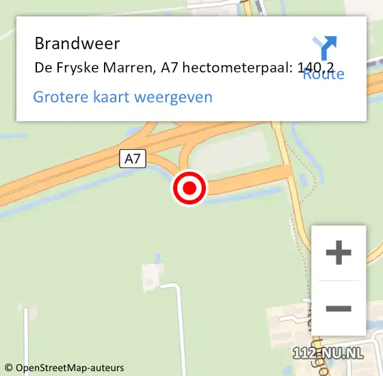 Locatie op kaart van de 112 melding: Brandweer De Fryske Marren, A7 hectometerpaal: 140,2 op 21 december 2022 07:28