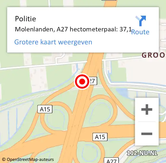 Locatie op kaart van de 112 melding: Politie Molenlanden, A27 hectometerpaal: 37,1 op 21 december 2022 09:16