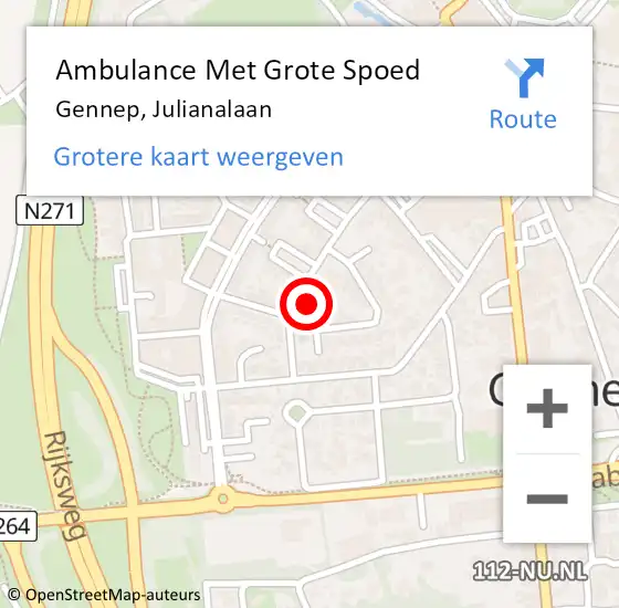 Locatie op kaart van de 112 melding: Ambulance Met Grote Spoed Naar Gennep, Julianalaan op 21 december 2022 11:37