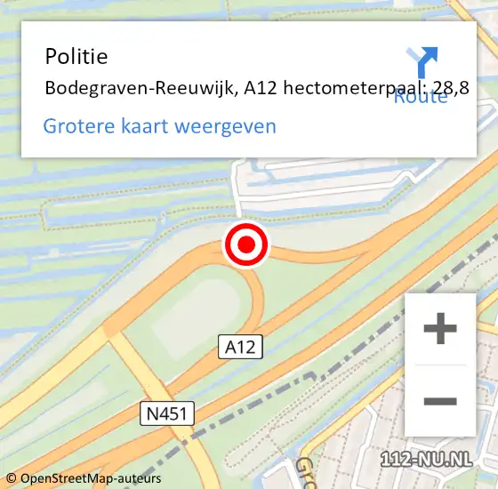 Locatie op kaart van de 112 melding: Politie Gouda, A12 hectometerpaal: 28,8 op 21 december 2022 11:53