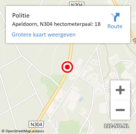 Locatie op kaart van de 112 melding: Politie Apeldoorn, N304 hectometerpaal: 18 op 21 december 2022 13:40
