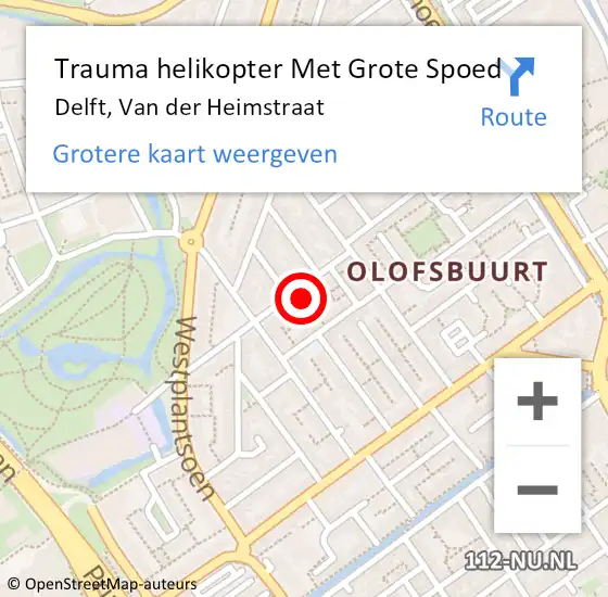 Locatie op kaart van de 112 melding: Trauma helikopter Met Grote Spoed Naar Delft, Van der Heimstraat op 21 december 2022 15:53