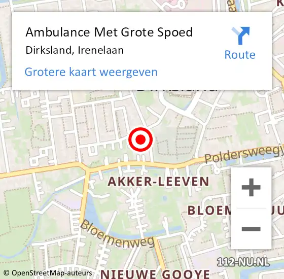 Locatie op kaart van de 112 melding: Ambulance Met Grote Spoed Naar Dirksland, Irenelaan op 21 december 2022 16:02