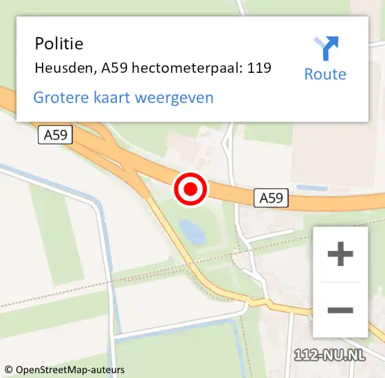 Locatie op kaart van de 112 melding: Politie Heusden, A59 hectometerpaal: 119 op 21 december 2022 17:07