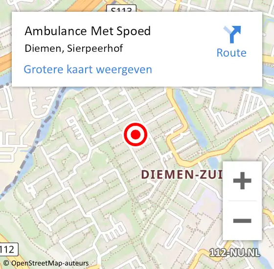 Locatie op kaart van de 112 melding: Ambulance Met Spoed Naar Diemen, Sierpeerhof op 21 december 2022 17:41