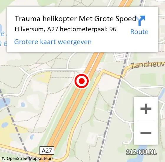 Locatie op kaart van de 112 melding: Trauma helikopter Met Grote Spoed Naar Hilversum, A27 hectometerpaal: 96 op 21 december 2022 18:04