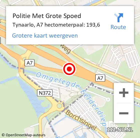 Locatie op kaart van de 112 melding: Politie Met Grote Spoed Naar Tynaarlo, A7 hectometerpaal: 193,6 op 21 december 2022 20:38