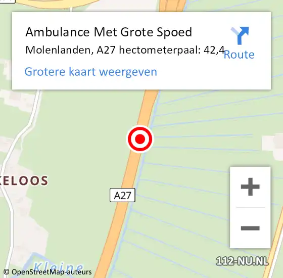 Locatie op kaart van de 112 melding: Ambulance Met Grote Spoed Naar Molenlanden, A27 hectometerpaal: 42,4 op 22 december 2022 07:31