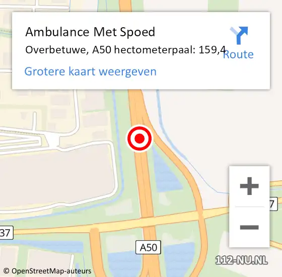 Locatie op kaart van de 112 melding: Ambulance Met Spoed Naar Overbetuwe, A50 hectometerpaal: 159,4 op 22 december 2022 08:33