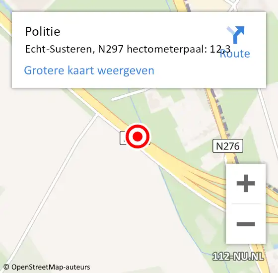 Locatie op kaart van de 112 melding: Politie Echt-Susteren, N297 hectometerpaal: 12,3 op 22 december 2022 11:24