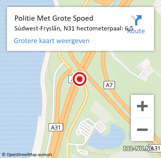 Locatie op kaart van de 112 melding: Politie Met Grote Spoed Naar Súdwest-Fryslân, N31 hectometerpaal: 6,5 op 22 december 2022 12:38