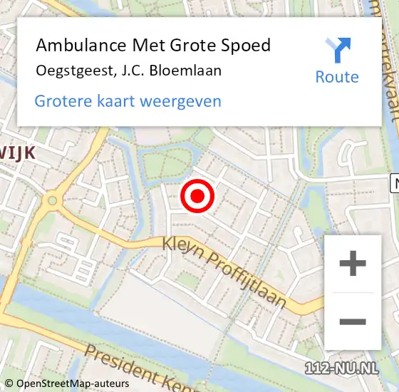 Locatie op kaart van de 112 melding: Ambulance Met Grote Spoed Naar Oegstgeest, J.C. Bloemlaan op 22 december 2022 15:47